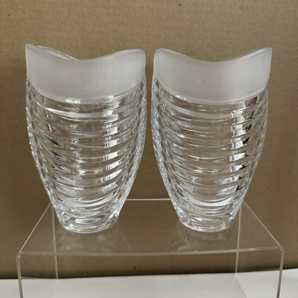 (2) Pair Omega 24% Lead Crystal‎ Frosted Rim Swirl Vase Made in Germany